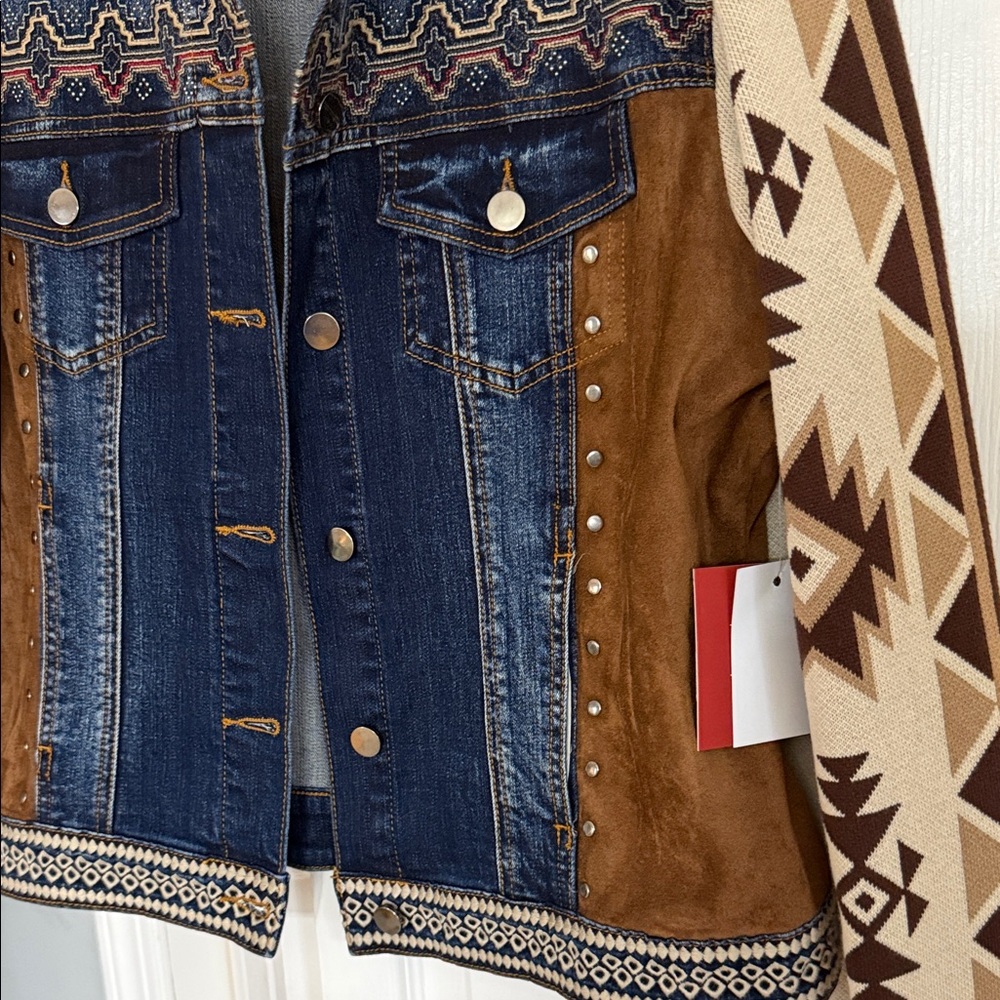 Reba Blue and Brown Jean Jacket with Tribal Patterns - Picture 3 of 5